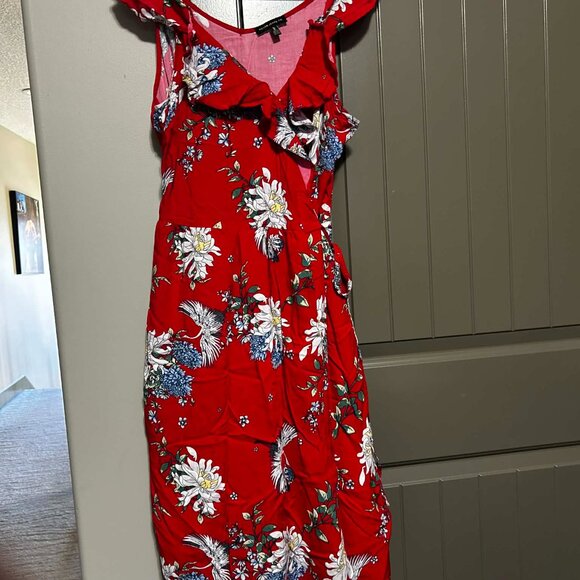 Silver Jeans Co. Red Floral Wrap Dress with Ruffles | Size L | Cranes & Blossoms - Picture 3 of 12